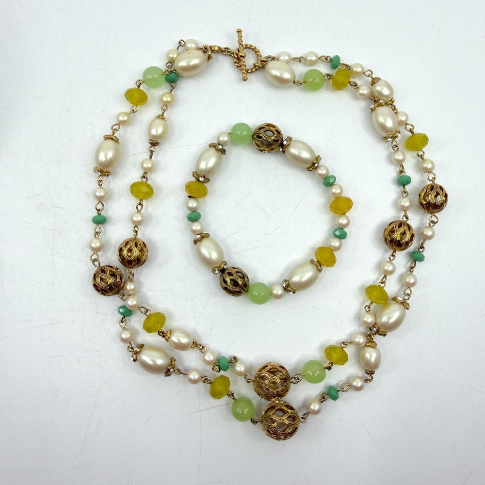 Monet Necklace Bracelet Set Faux Pearl Green Yellow Beaded Statement Gift